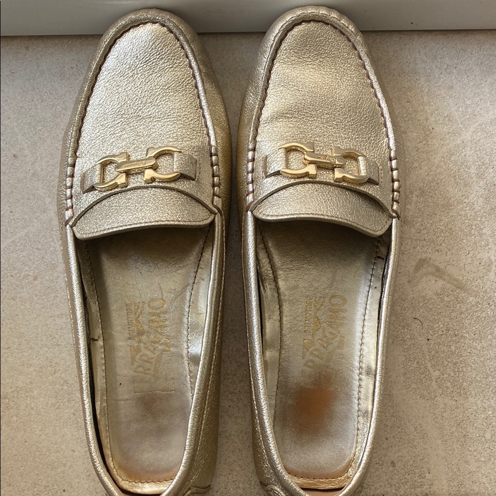 Salvatore Ferragamo Gold Leather Slip On Driving Loafers with Buckle Size 8